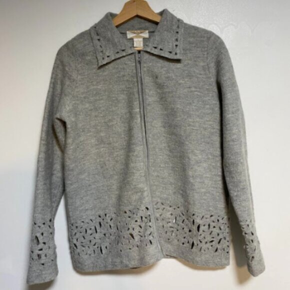 525 America Wool Laser Cut Full Zip Gray Women's Cardigan Sweater Jacket Size M - Picture 2 of 12